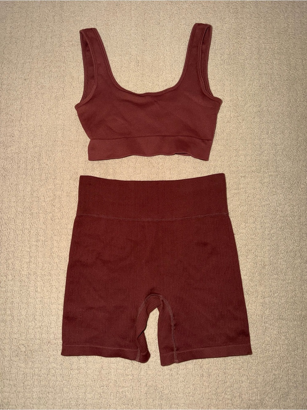 Seamless Ribbed Crop Tank and High-Waist Bike Short Set - Brown